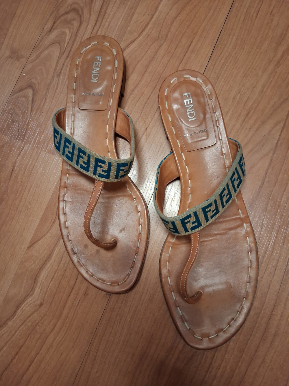 Fendi Women’s Tan Leather Thong Sandals with Blue FF Strap